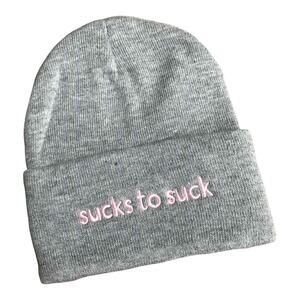 Sucks To Suck‎ Womens Hat One Size Watch Cap Boggan Toboggan Gray Grey Pink NEW